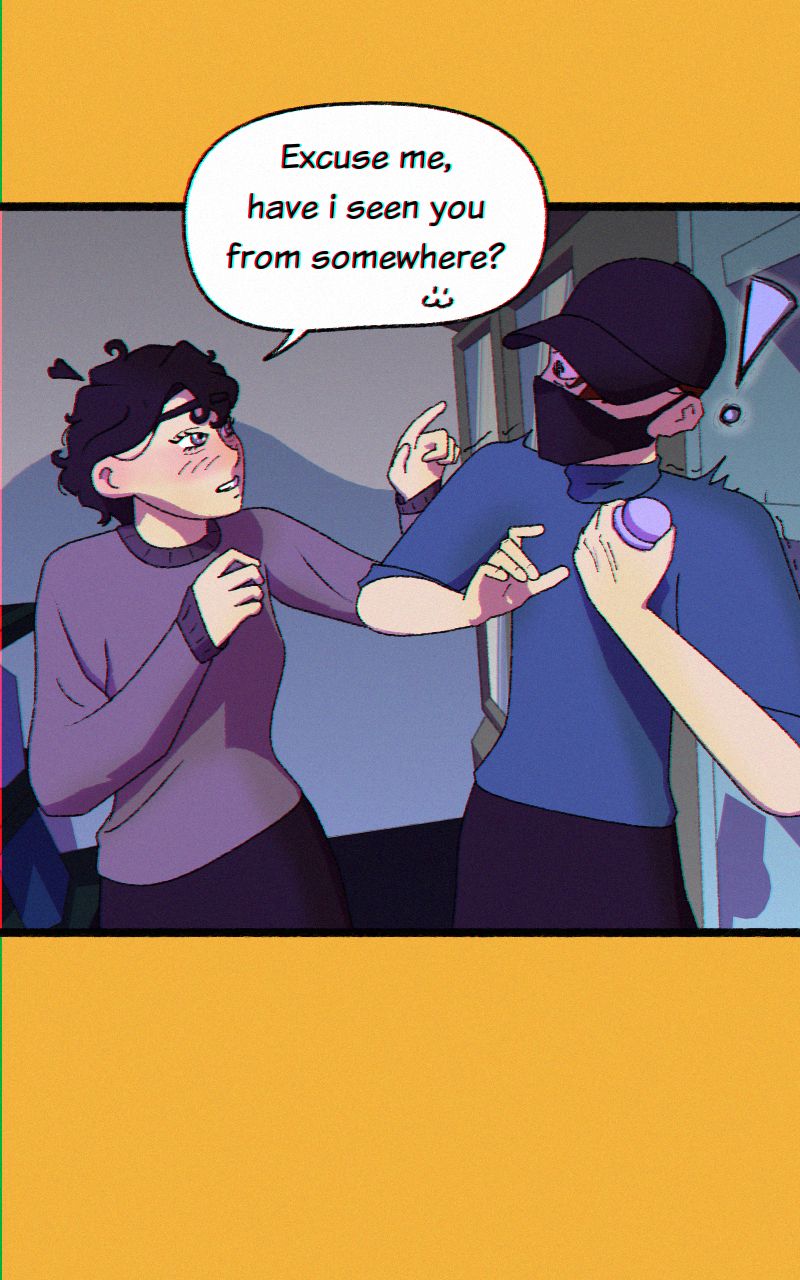 The young man is approached by a young woman, who asks if she has seen him before. The man is startled